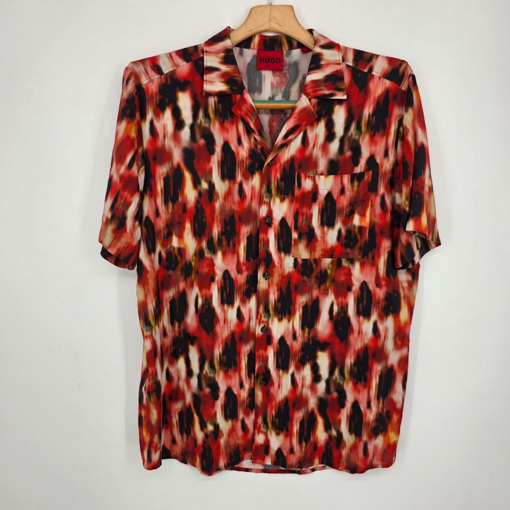 HUGO Boss Mens Red Black Abstract Leopard Print Short Sleeve Camp Shirt Large